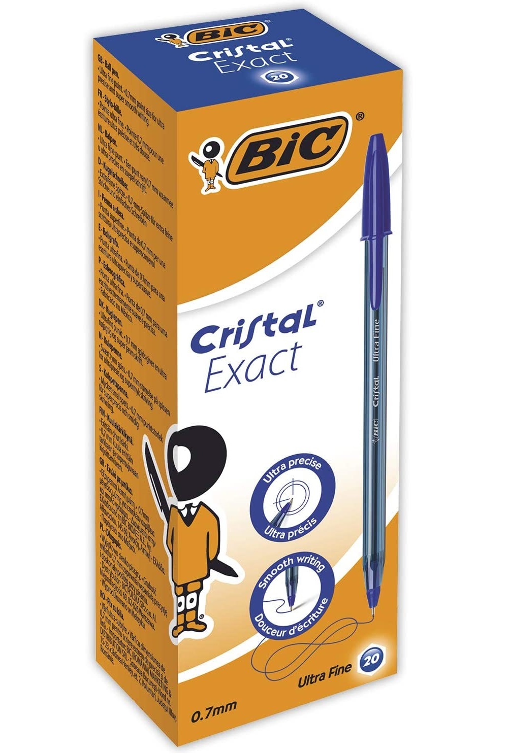 BIC Cristal Exact Penna a sfera Blu - Punta 0,7 mm - Con Cappuccio - Scatola da 20 Pezzi