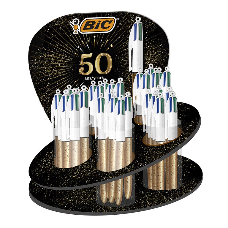BIC 4 Colori Party - Penna a sfera a scatto 1,0 mm, Fusto dorato, Set da 12
