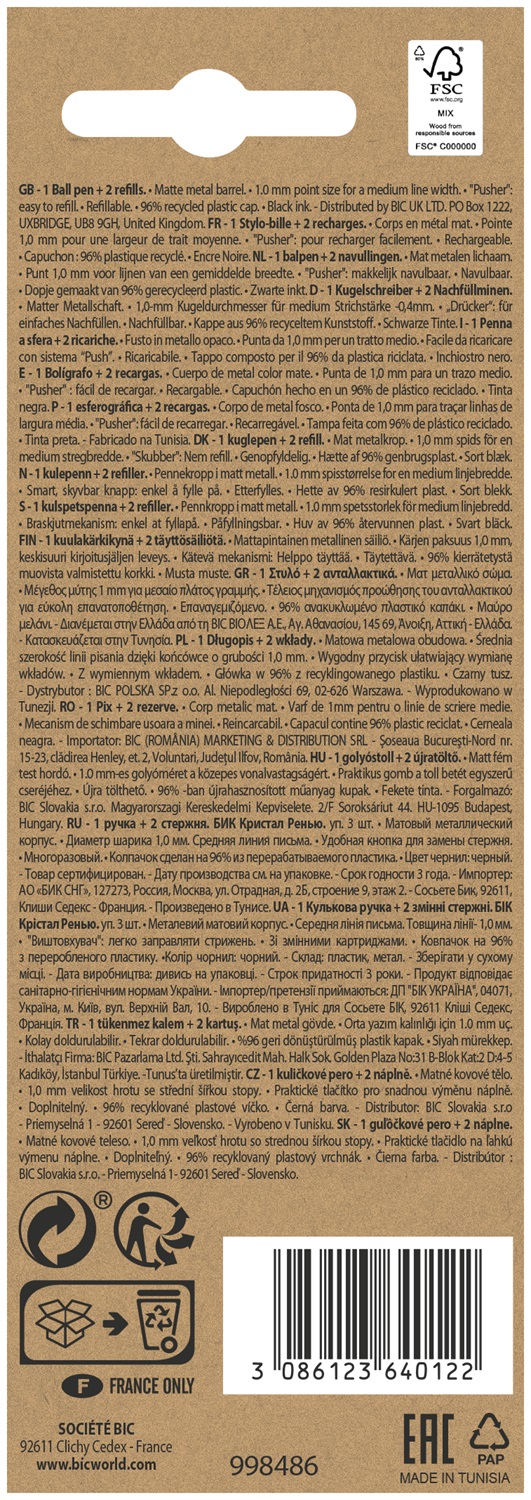 BIC Cristal Re'New - Penna a Sfera Ricaricabile Nera 1mm con Fusto in Metallo e 2 Ricariche Incluse