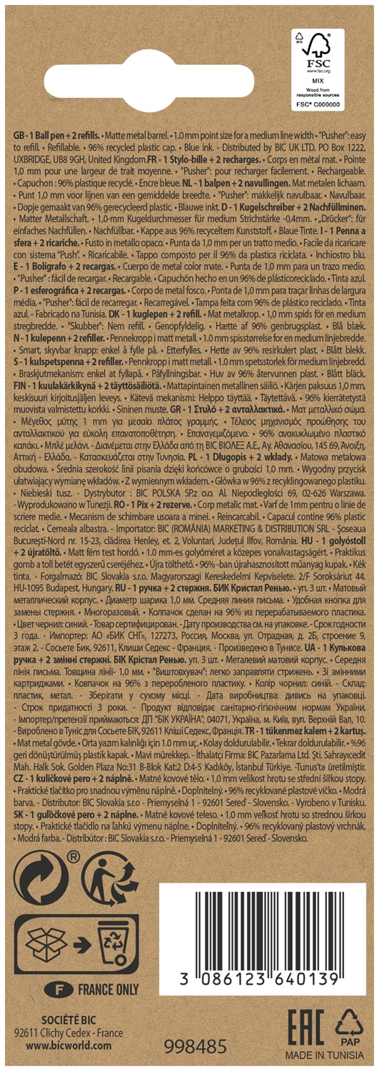 BIC Cristal Re'New - Penna a Sfera Ricaricabile Blu 1mm, Fusto in Metallo, Cappuccio in Plastica Riciclata, Confezione con 2 Ricariche