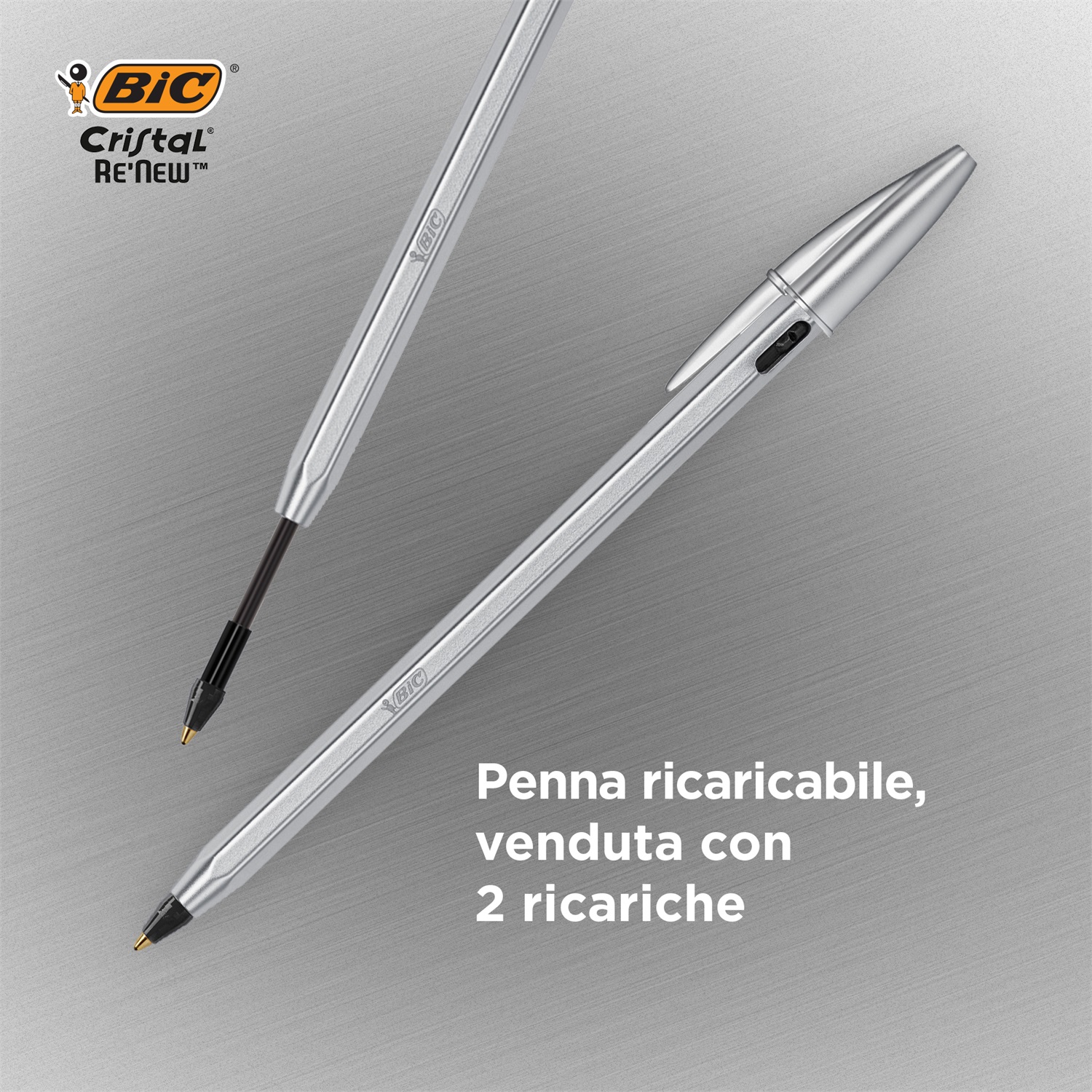 BIC Cristal Re'New - Penna a Sfera Ricaricabile Blu 1mm, Fusto in Metallo, Cappuccio in Plastica Riciclata, Confezione con 2 Ricariche