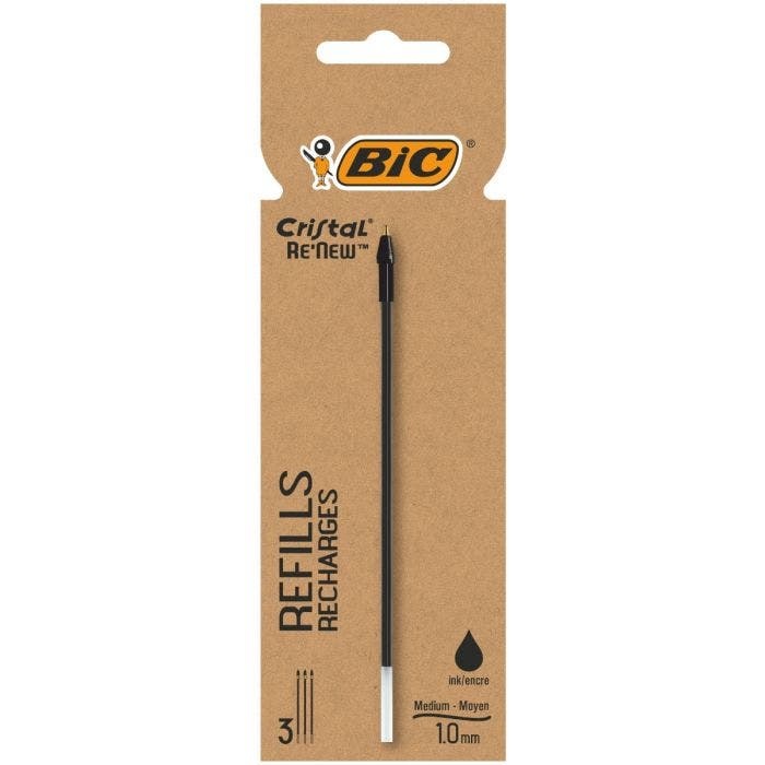 BIC Cristal Re'New - Ricaricatore per penna a sfera Nero - Confezione da 3 pezzi - Punta 1,0 mm