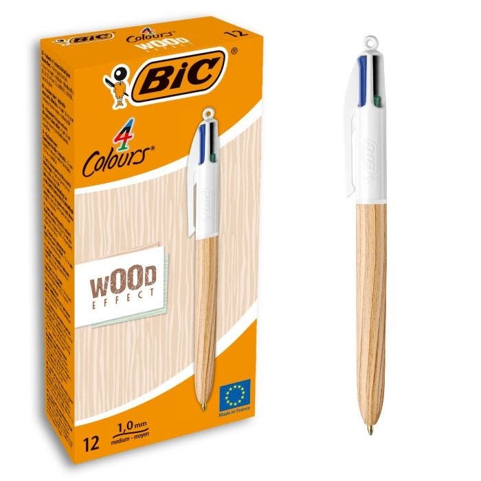 BIC Penna a sfera a scatto 4 Colours Wood Effect - Nero, Blu, Rosso, Verde - Punta 1 mm