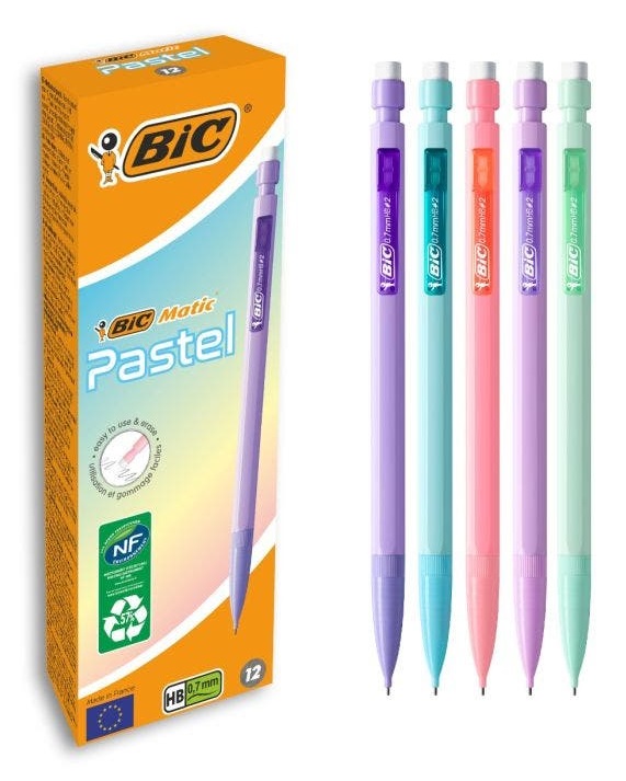 BIC Portamine Matic Pastel 0,7 mm HB - Conf. 12 pz - Fusto in colori pastello assortiti, 57% materiali riciclati, Certificazione NF Environment