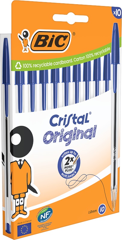 BIC Cristal Original - Penna a sfera Blu con Punta Media (1,00 mm) - Confezione da 10 pz