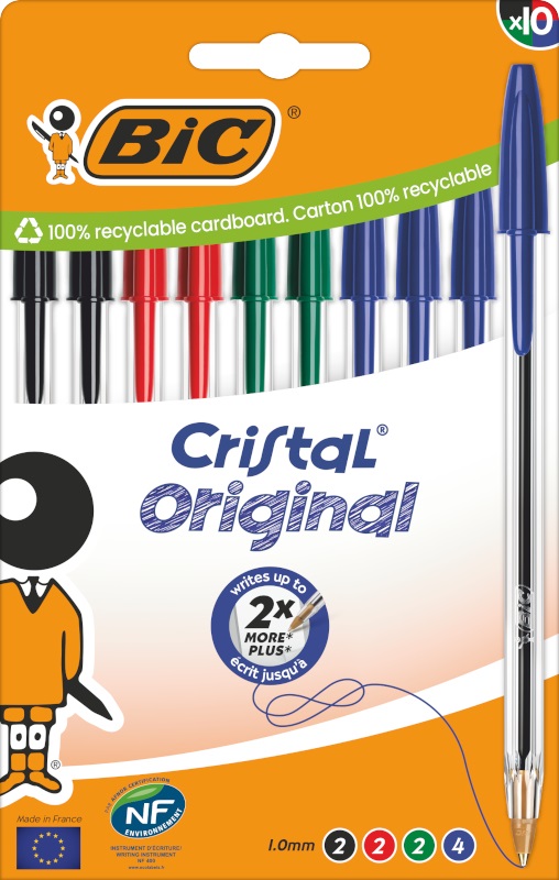 Bic CF10 CRISTAL Penne a Sfera Assortite 1mm - Confezione da 10 pz con Inchiostro Fluido e Meccanismo Resistente