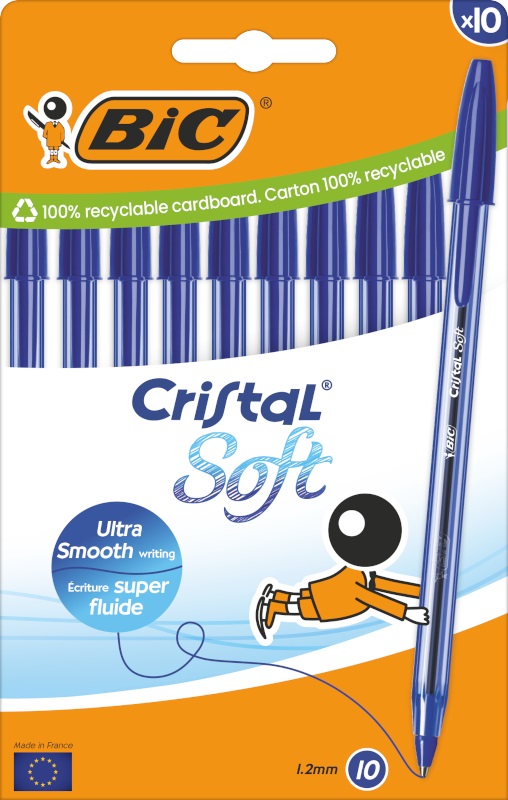 BIC Cristal Soft - Penna a sfera blu a punta media (1,2 mm) con inchiostro Easy Glide, confezione da 10 pz