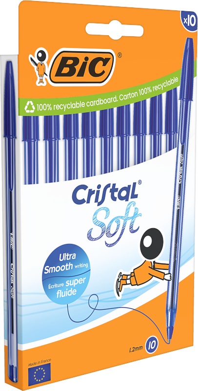 BIC Cristal Soft - Penna a sfera blu a punta media (1,2 mm) con inchiostro Easy Glide, confezione da 10 pz