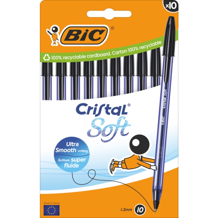 BIC Cristal Soft Penna a Sfera Nero con Punta Media (1,2 mm) e Inchiostro Softline - Confezione da 10