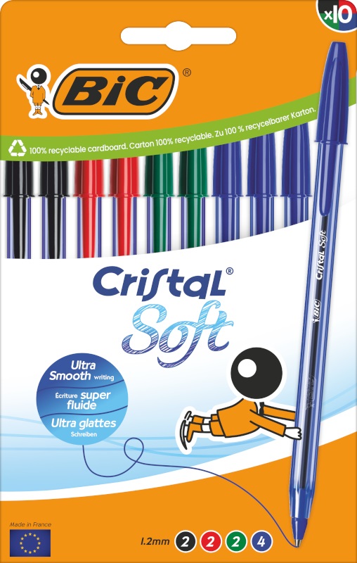 BIC Cristal Soft - Penna a sfera a punta media (1,2 mm) con inchiostro Softline e sistema Easy Glide, colori assortiti, confezione da 10