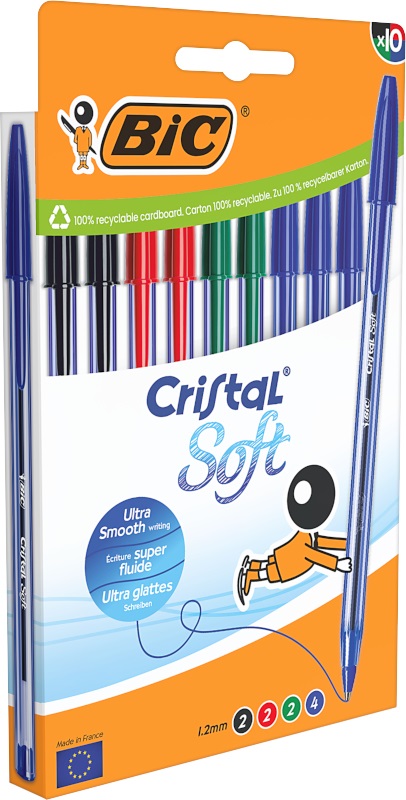 BIC Cristal Soft - Penna a sfera a punta media (1,2 mm) con inchiostro Softline e sistema Easy Glide, colori assortiti, confezione da 10