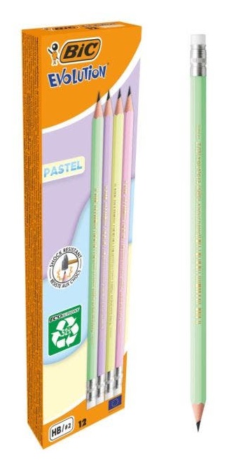 BIC Matita Evolution Pastel HB - Confezione da 12 pezzi - Colori assortiti con gommino - Mina ultraresistente