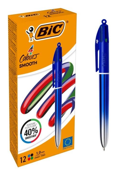 BIC Penna a sfera retrattile 4 Colori Smooth - Fusto Blu - 1 mm - Confezione da 12 pezzi