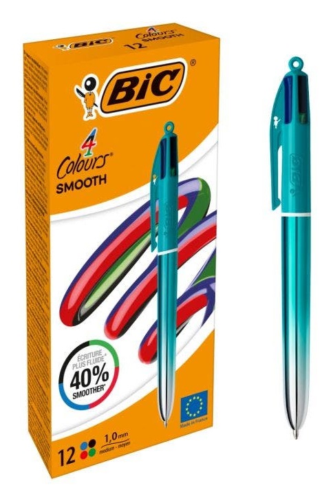BIC 4 Colours Smooth Penna a sfera a scatto Verde Acqua, 1 mm, 4 colori (Nero, Blu, Rosso, Verde), confezione da 12 pezzi