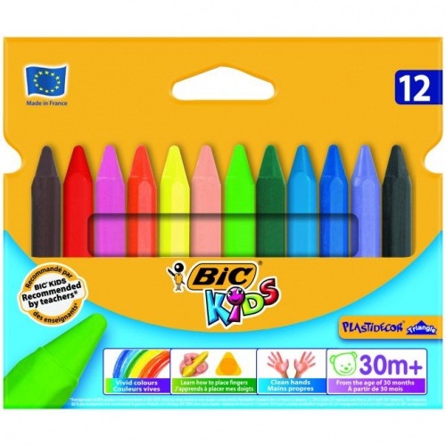 BIC Kids Pastelli Plastidecor Triangle - Astuccio 12 Colori Assortiti, Ultra-Resistenti e Facili da Impugnare