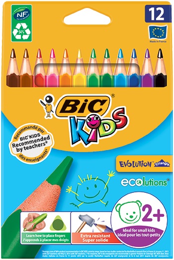 BIC Kids Matite Colorate Evolution Triangle - 12 Pezzi, Forma Triangolare, Mina Ultra Resistente, Colori Brillanti