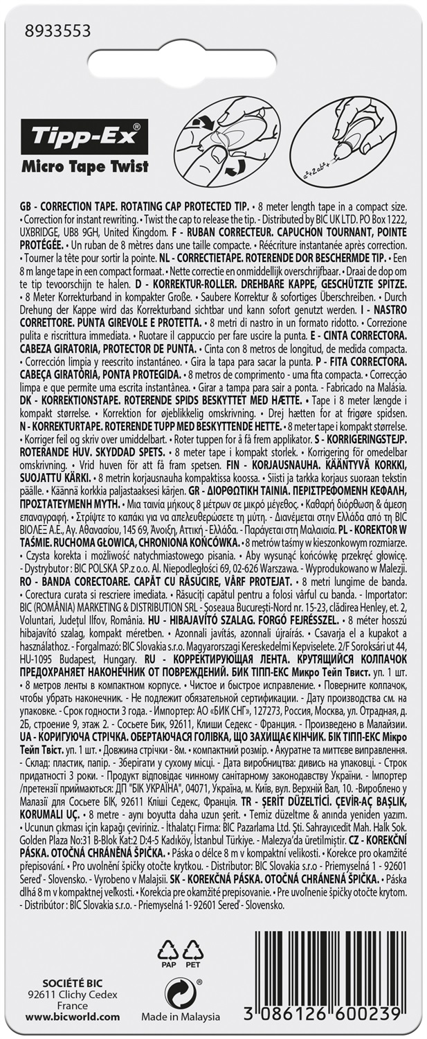 Tipp-Ex Micro Tape Twist Correttore a Nastro 5 mm x 8 m - Design Ultracompatto con Cappuccio Brevettato