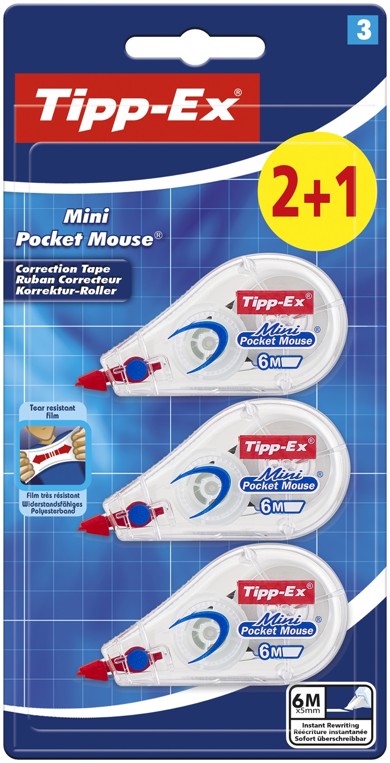 Tipp-Ex Mini Pocket Mouse Correttore a Nastro 5mm x 6m, Confezione 3 Pezzi (2 1), Design Ultra Compatto