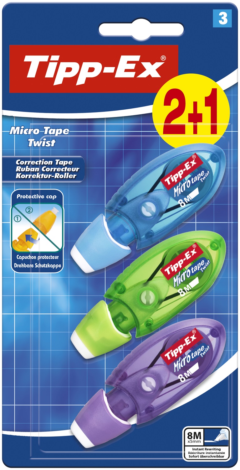 BIC Tipp-Ex Micro-Tape Twist - Correttore a Nastro Ultra-Compatto 2 1 Unità, 8 Metri di Copertura, Colori Assortiti