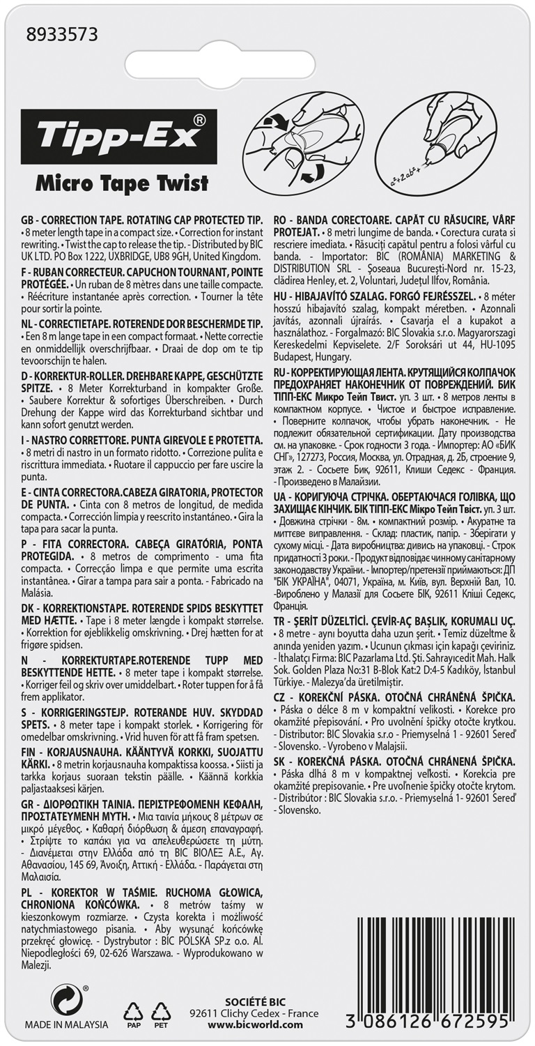 BIC Tipp-Ex Micro-Tape Twist - Correttore a Nastro Ultra-Compatto 2 1 Unità, 8 Metri di Copertura, Colori Assortiti