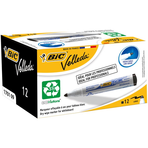 BIC Velleda 1701 Marcatore per Lavagne Bianche - Punta Conica 1,5 mm - Nero - Eco-Friendly con 51% di Materiali Riciclati