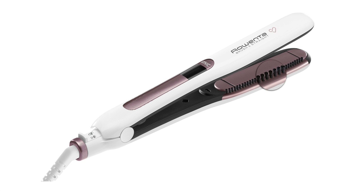 Rowenta SF7510 Brush&Straight Premium Care Piastra per Capelli Lisci o Ricci 2 in 1 con Generatore di Ioni e Setole Naturali, Temperatura Regolabile 130°C-200°C