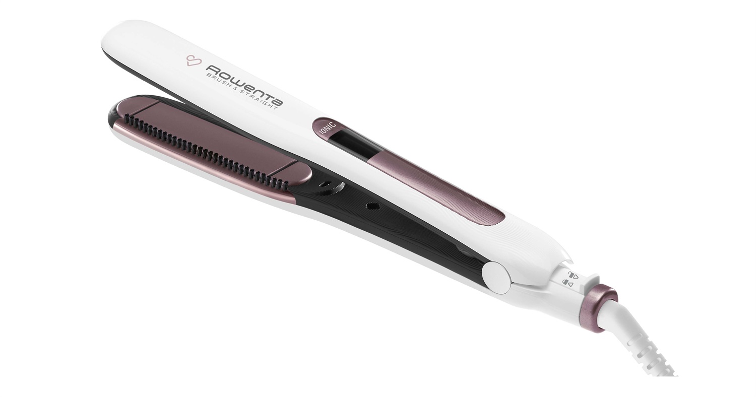 Rowenta SF7510 Brush&Straight Premium Care Piastra per Capelli Lisci o Ricci 2 in 1 con Generatore di Ioni e Setole Naturali, Temperatura Regolabile 130°C-200°C