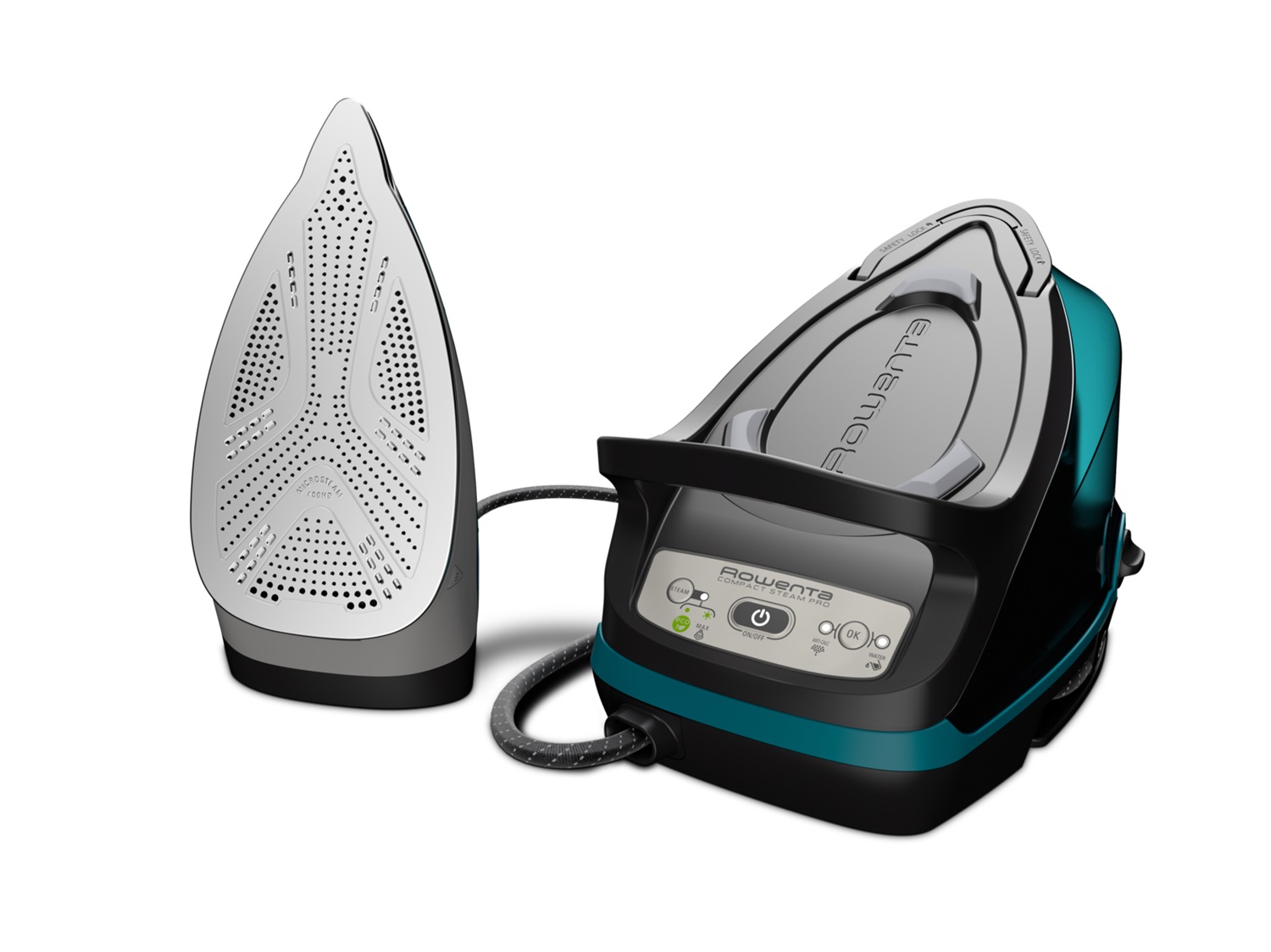 Rowenta DG7623 Ferro da Stiro con Caldaia Compact Steam Pro, 2200 W, 1.1 L, Pressione Vapore 6.3 Bar, Getto Vapore 325 g/min, Piastra Microsteam 400 HD Laser, Colore Nero/Blu