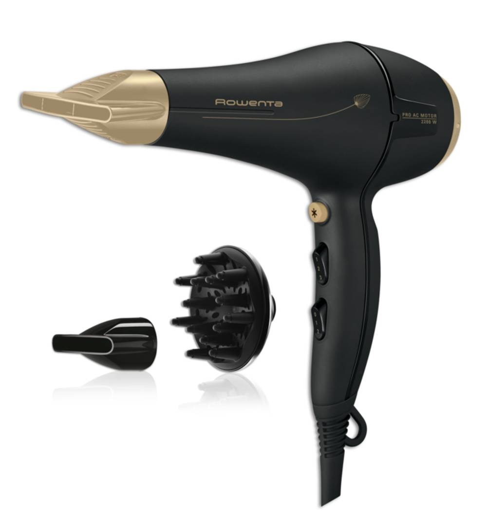 Rowenta Signature Pro Asciugacapelli CV7846F0 - Potente Asciugacapelli AC, Nero e Oro, Generatore di Ioni, Anello di Sospensione, Cavo da 1,8 m