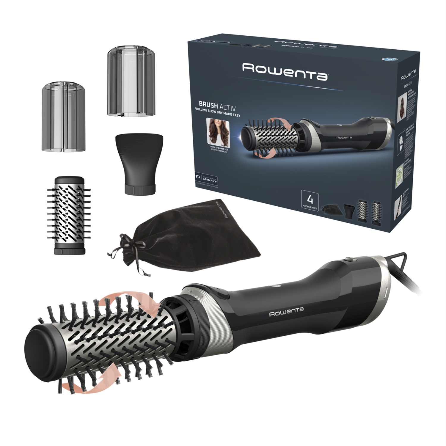 Rowenta Brush Activ UB9530F0 Spazzola ad Aria Calda Rotante 1000 W con Design Ergonomico, 2 Spazzole Rotanti in Ceramica, Concentratore e Custodia