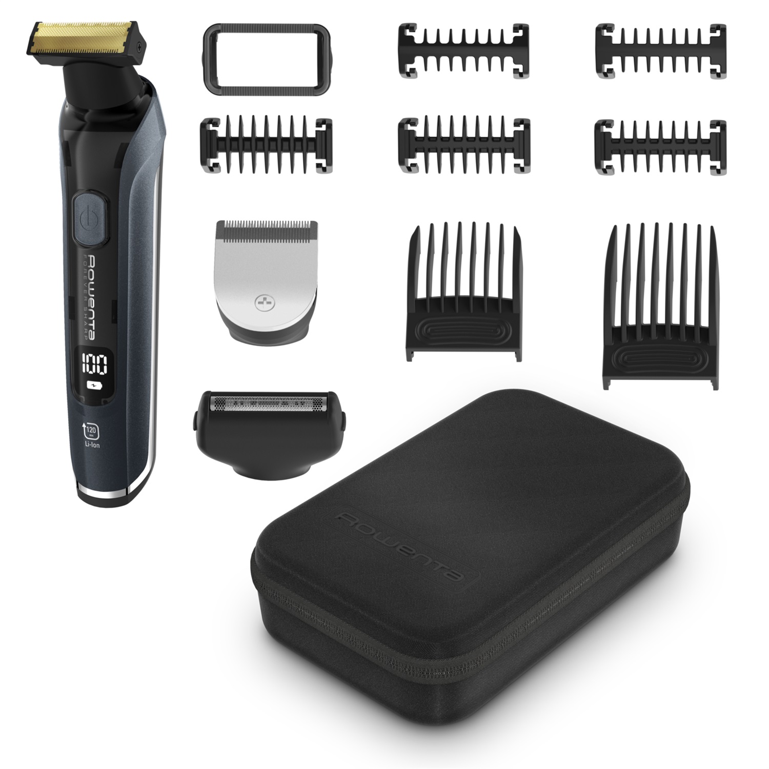 Rowenta Forever Sharp Ultimate TN6204E0 Regolabarba da Uomo - 18 Impostazioni, Bagnato e Secco, Display Incorporato, Lavabile, Nero e Cromo