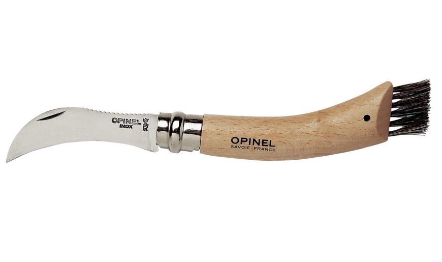 Opinel Coltello per Funghi N° 8 - Lama Curva 8 cm in Acciaio Inox, Manico in Legno con Spazzolino