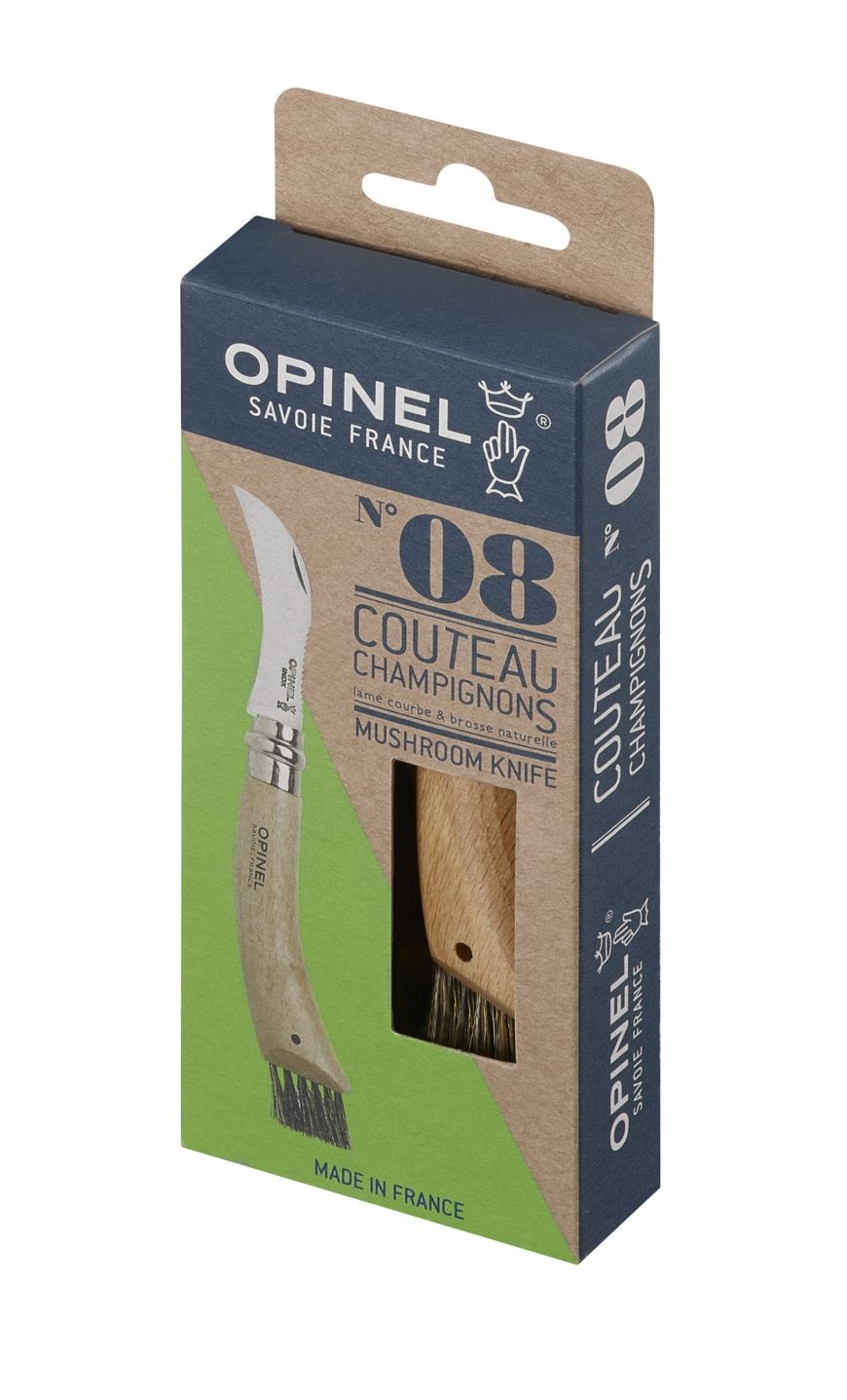 Opinel Coltello per Funghi N° 8 - Lama Curva 8 cm in Acciaio Inox, Manico in Legno con Spazzolino