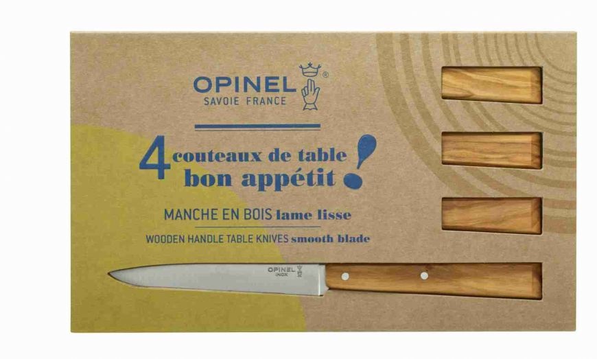 Opinel Esprit Sud 254224 Set di 4 Coltelli da Tavola in Legno di Olivo con Lama in Acciaio Inox - Cofanetto N°125 Bon Appétit