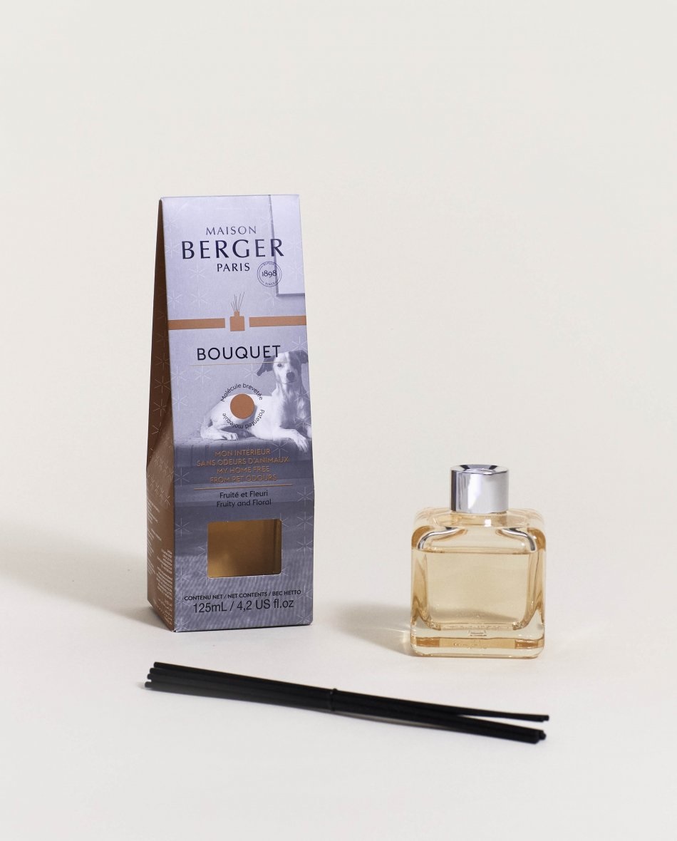 Maison Berger Paris Diffusore di Aromi Anti Odore Animali - Fragranza Fruttato e Fiorito, Vetro Laccato Champagner, 125 ml