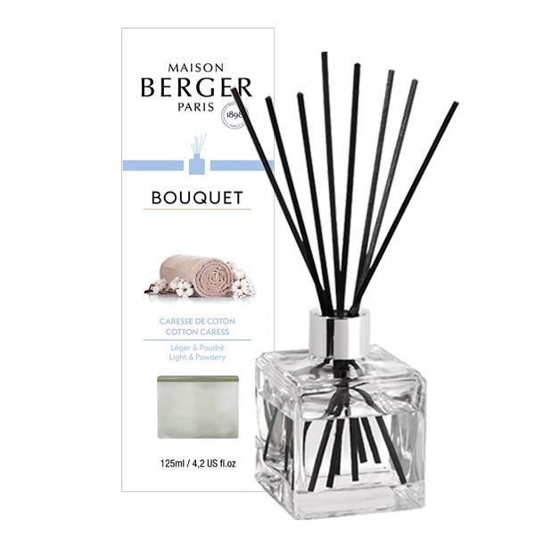 Maison Berger Paris Diffusore di Aromi Caresse de Coton 125 ml - Cubo in Vetro Trasparente con Bastoncini in Legno Neri