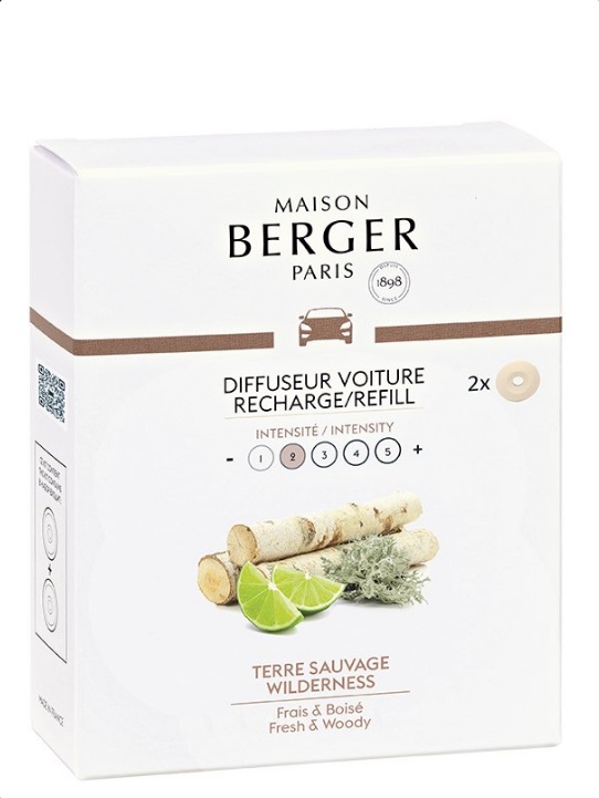 Maison Berger Paris Ricariche per Diffusore Auto Terre Sauvage 2x17g - Profumi Freschi e Legnosi Leggeri