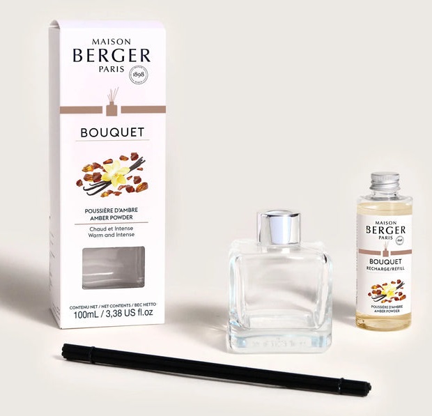 Maison Berger Diffusore di Profumo Bouquet Cube Poussière d'Ambre 100ml - Elegante Cubo in Vetro con Bastoncini Neri