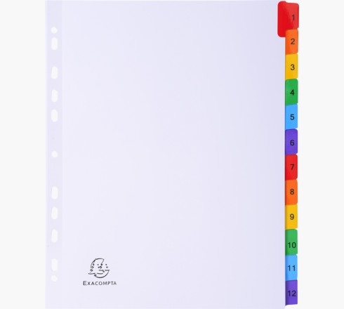 Exacompta 4112E Divisori Numerici A4 Maxi in Cartoncino Bianco 160g - 12 Schede con Tasti Colorati e Indice Stampabile