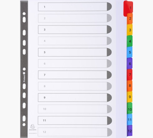 Exacompta 4112E Divisori Numerici A4 Maxi in Cartoncino Bianco 160g - 12 Schede con Tasti Colorati e Indice Stampabile