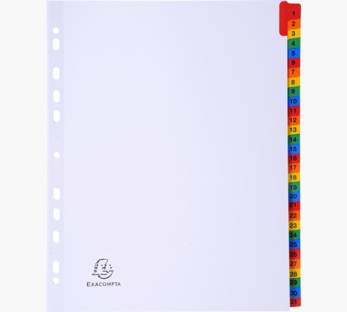 Exacompta Separatore Numerico 1-31 in Cartoncino Bianco 160 gr con Tasti Colorati - A4 Maxi