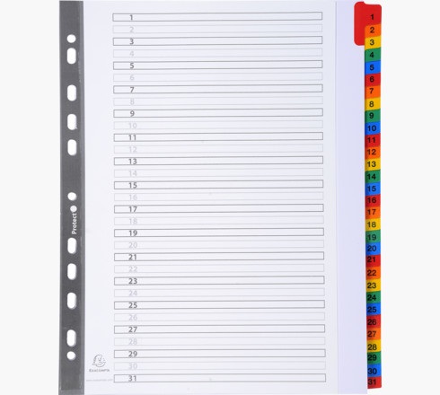 Exacompta Separatore Numerico 1-31 in Cartoncino Bianco 160 gr con Tasti Colorati - A4 Maxi