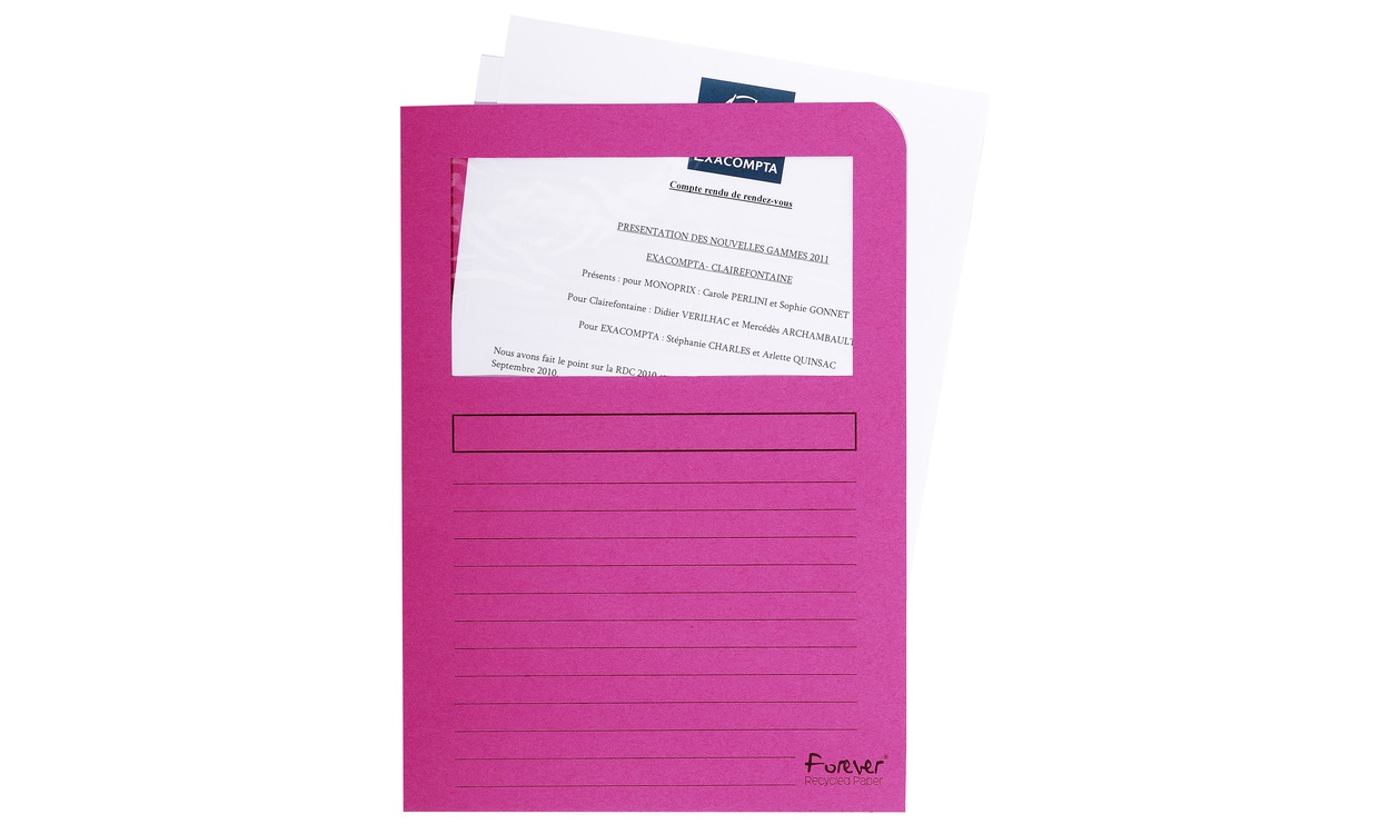 Exacompta 50108E Cartelline con Finestra A4 in Cartoncino Riciclato 120 g/m² Fucsia - Confezione da 100