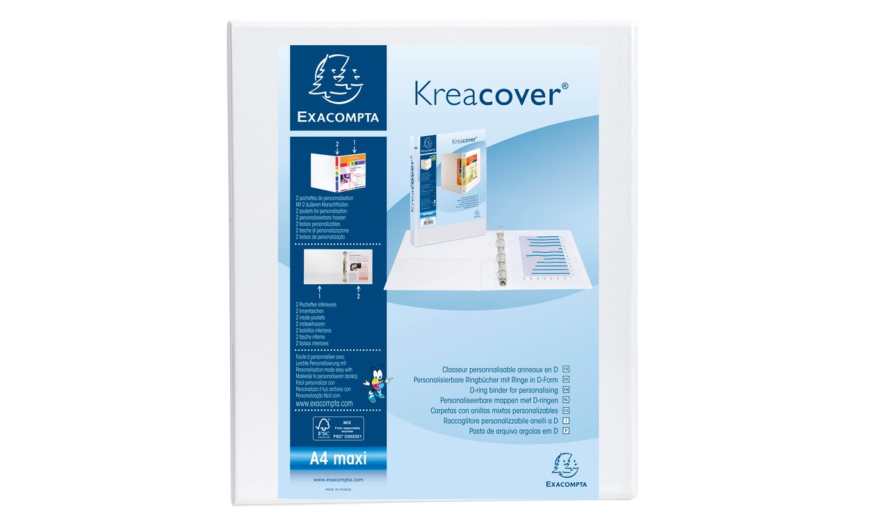 Exacompta Raccoglitore Personalizzabile Kreacover A4 Maxi 4 Anelli a D 30 mm Bianco - Modello 51942E