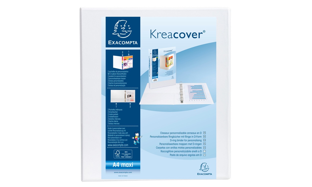 Exacompta Raccoglitore Personalizzabile Kreacover A4 Maxi Bianco - 4 Anelli a D 40 mm, Dorso 64 mm, Copertina Foderata