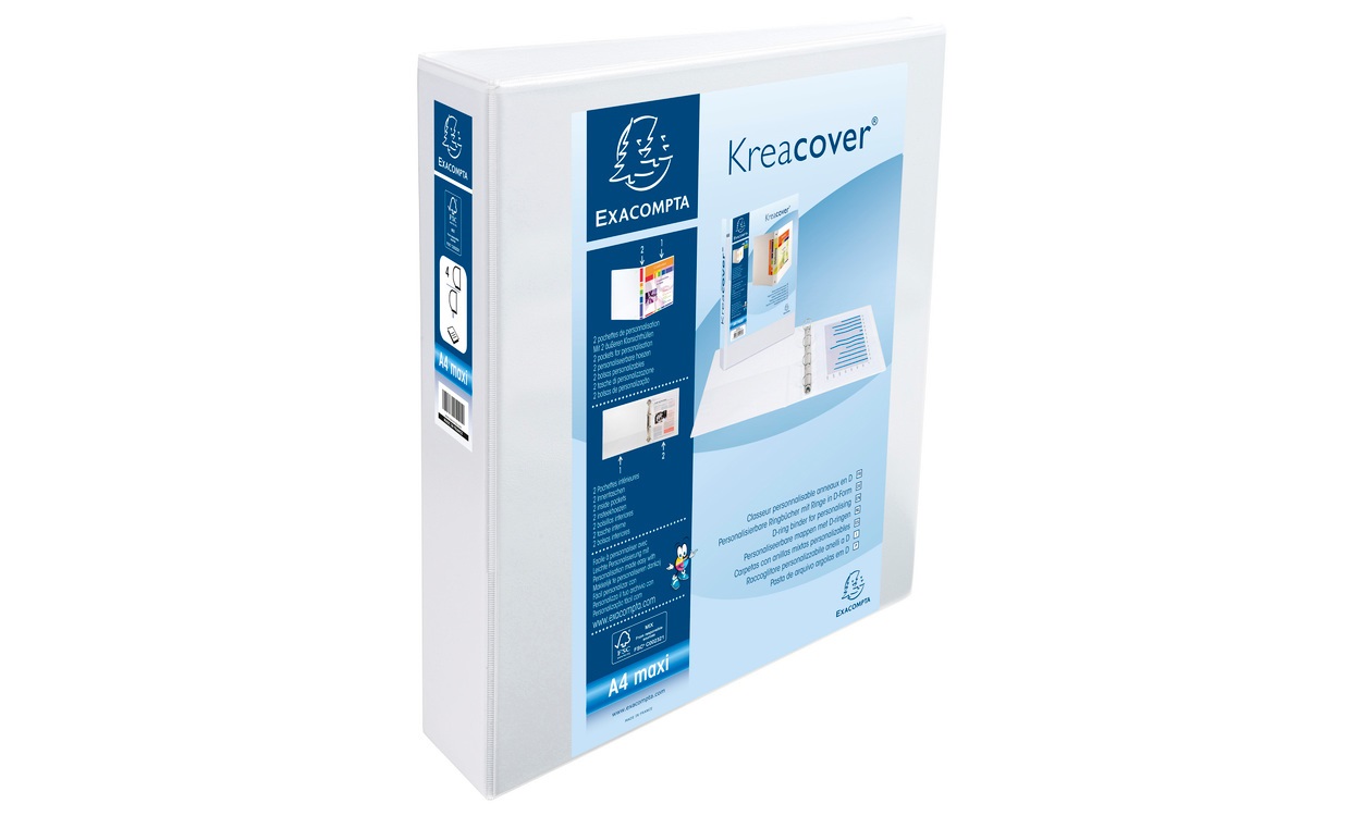 Exacompta Raccoglitore Personalizzabile Kreacover A4 Maxi Bianco - 4 Anelli a D 40 mm, Dorso 64 mm, Copertina Foderata