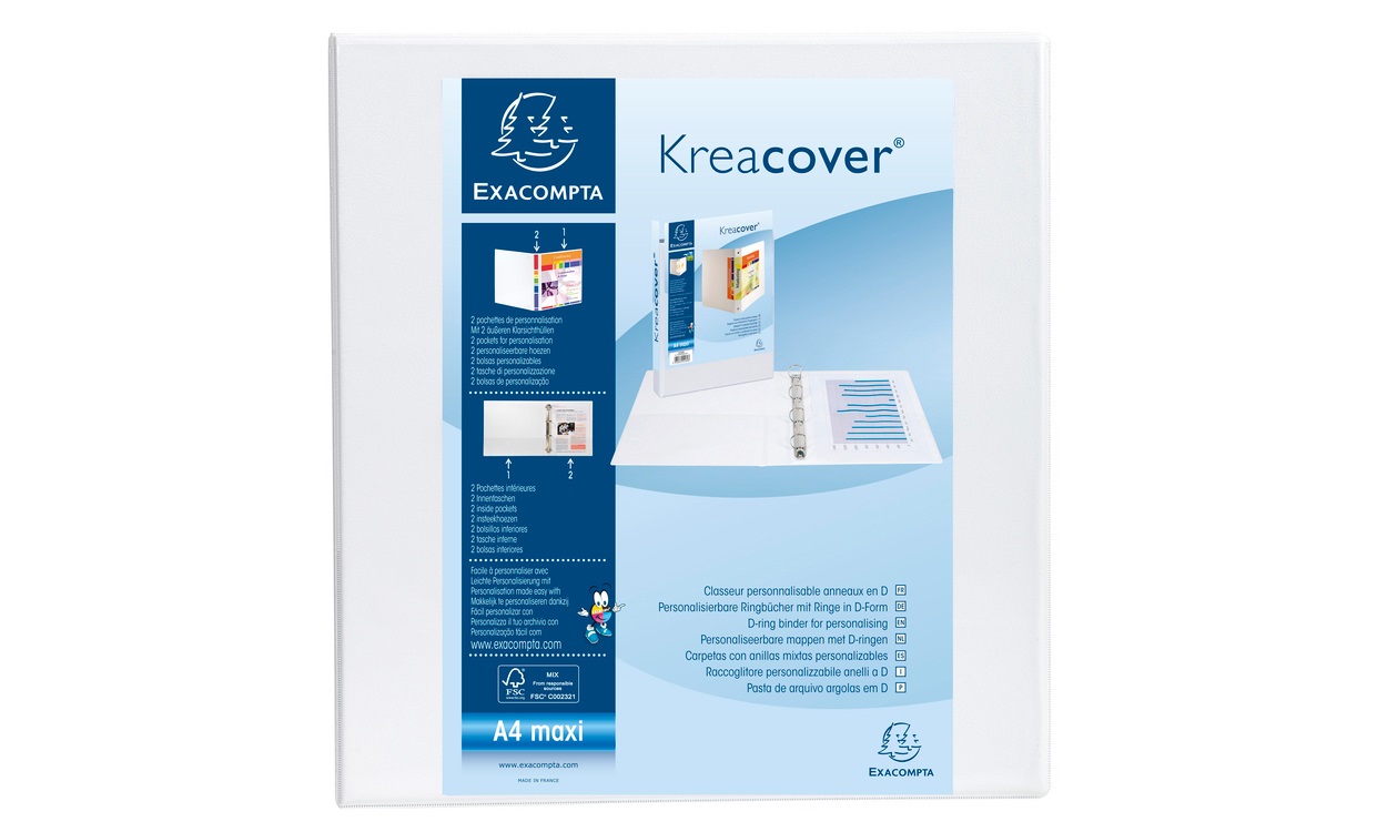 Exacompta Raccoglitore Personalizzabile A4 Maxi Kreacover Bianco - 4 Anelli a D 60 mm, Copertina Rigida con Tasca Fronte/Dorso, Dorso 90 mm
