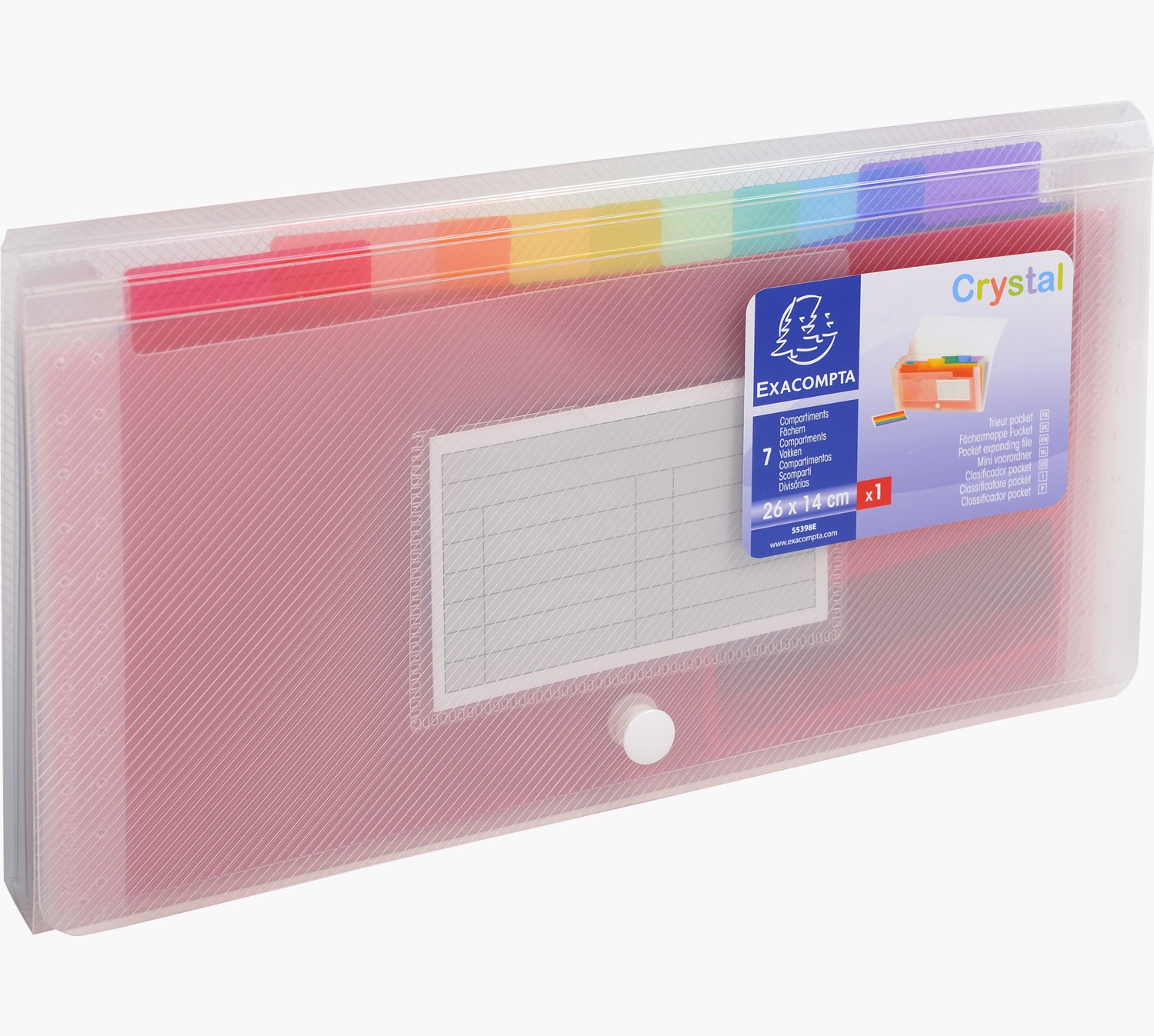 Exacompta 55398E Classificatore 7 scomparti in Polipropilene Cristallo 14x26 cm con Chiusura a Bottone e Interno Colorato