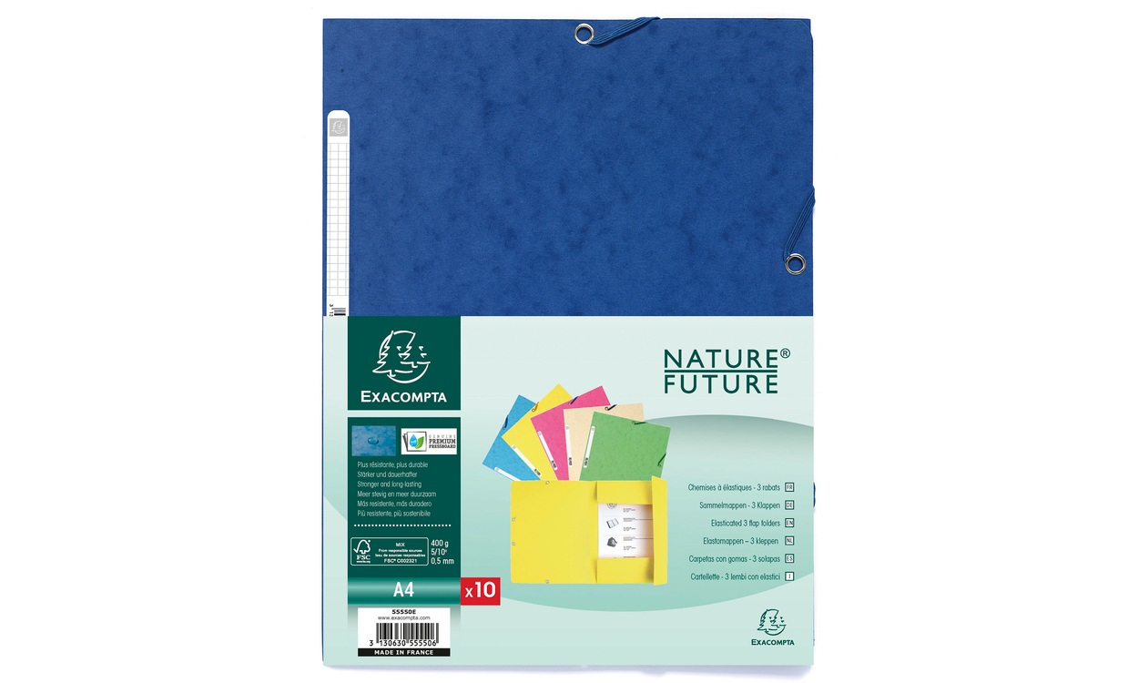 Exacompta 55550E Cartella Multicolore A4 a Tre Lembi con Elastico Diagonale - Confezione da 10 Pezzi