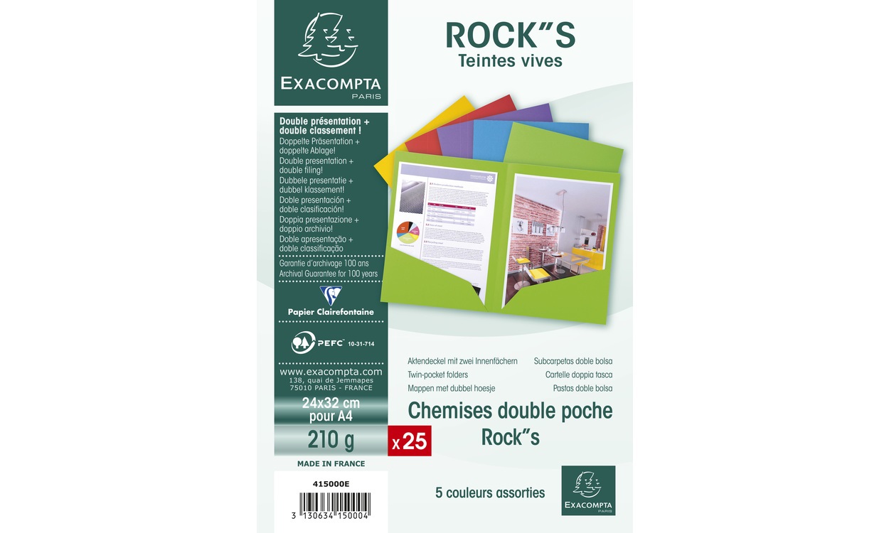 Exacompta 415000E Cartelletta a Doppia Tasca in Cartoncino 220 g/m² 24x32 cm Assortiti - Confezione da 25 Pezzi